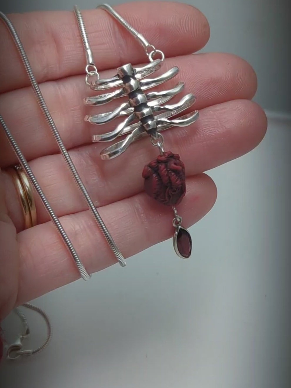 Sterling Silver Ribcage Pendant Necklace with Red Anatomical Heart - Picture 4 of 4